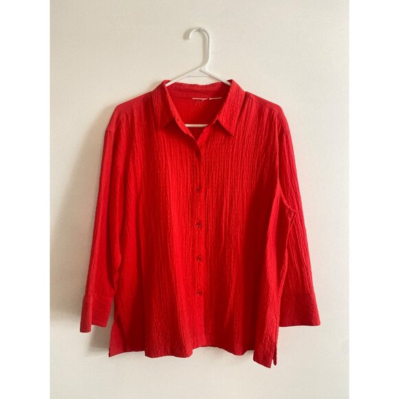 Red Textured Button-Up Shirt W/Collar & Long Sleeves Fits Size Large Best - Picture 1 of 4